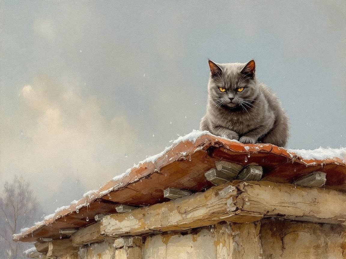 Gray Cat on Snow-Dusted Roof in Winter Setting