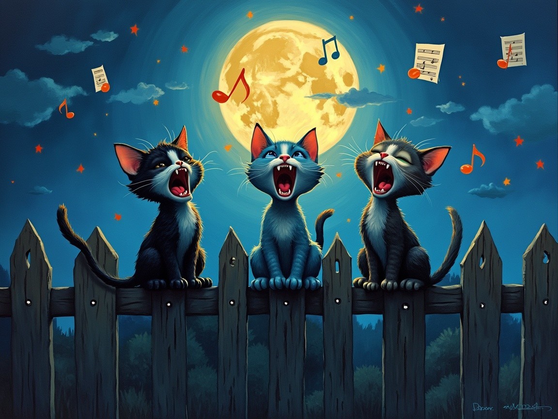 Kittens on a Fence Under a Full Moon with Music Notes