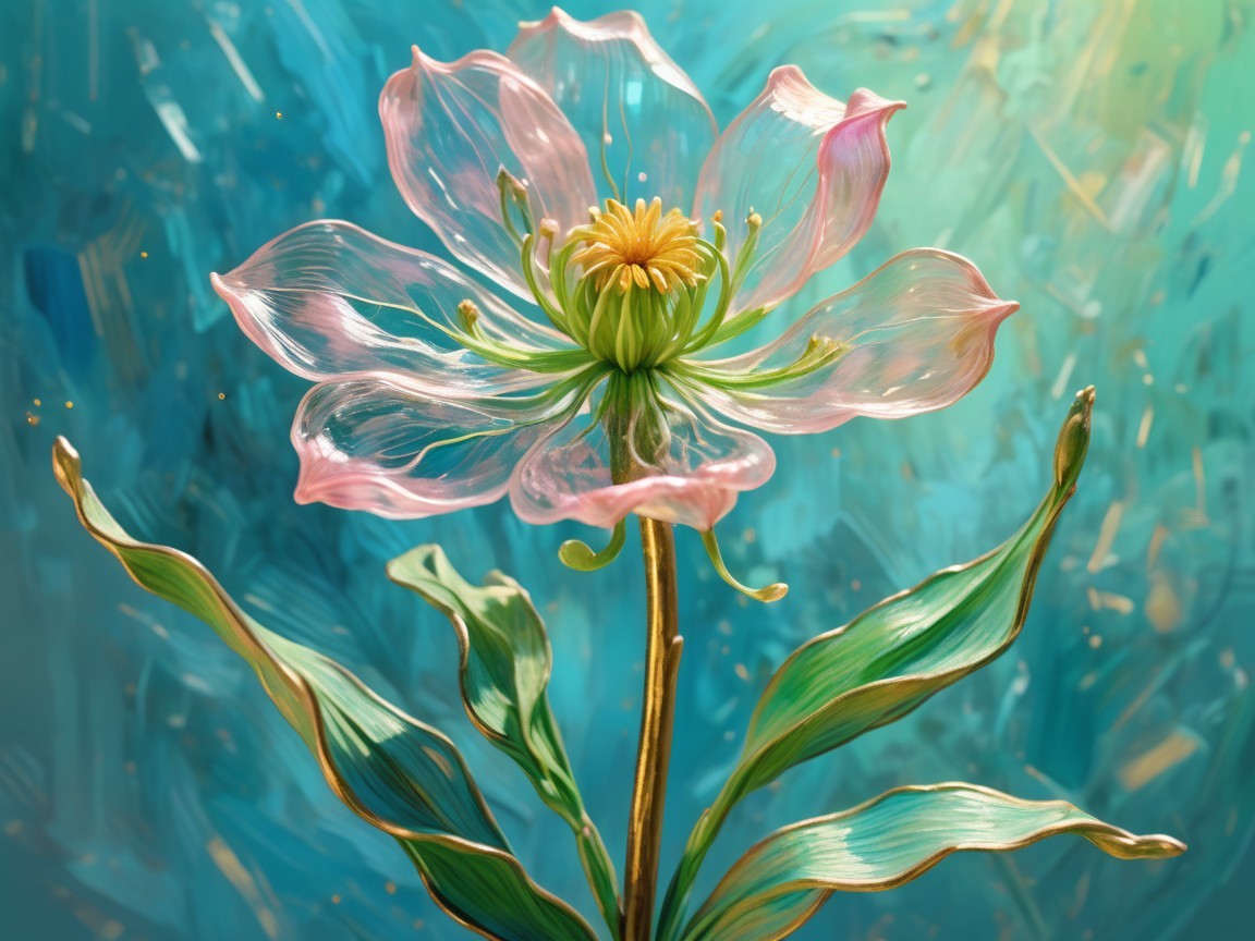 Delicate pink flower with golden center and green leaves