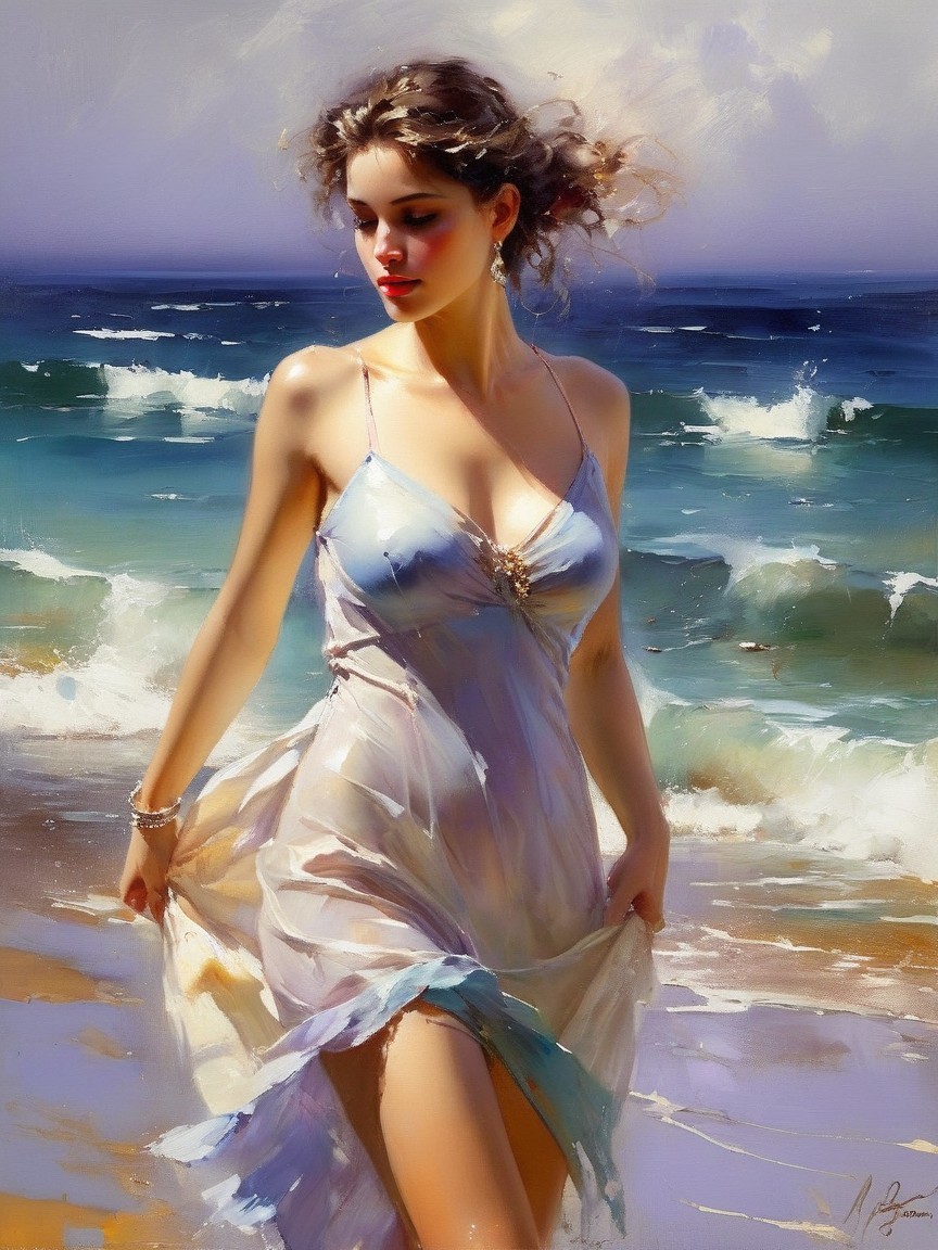 Young woman in light dress wading in ocean waves
