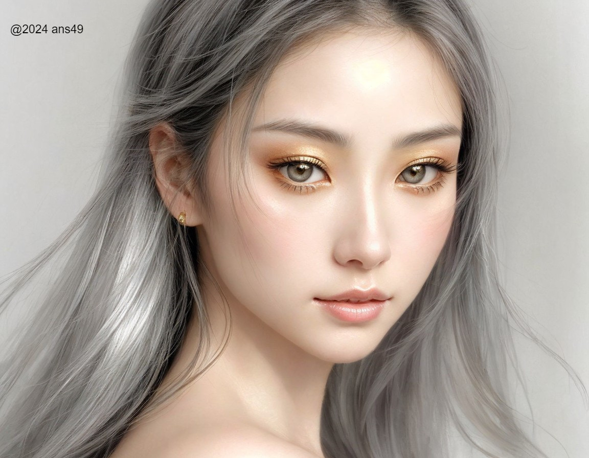 Portrait of a Young Woman with Silver Hair and Golden Makeup