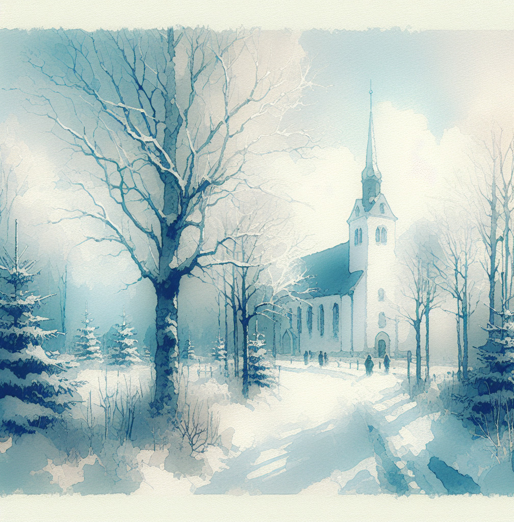 Winter Scene with Church and Snow-Covered Trees