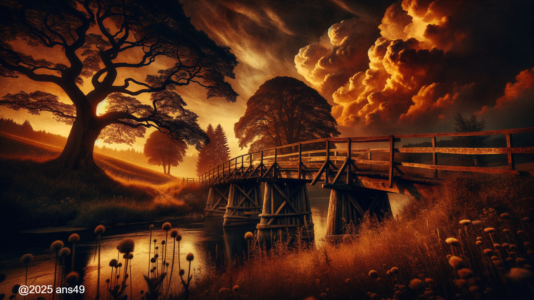 Serene Sunset Landscape with Wooden Bridge and River