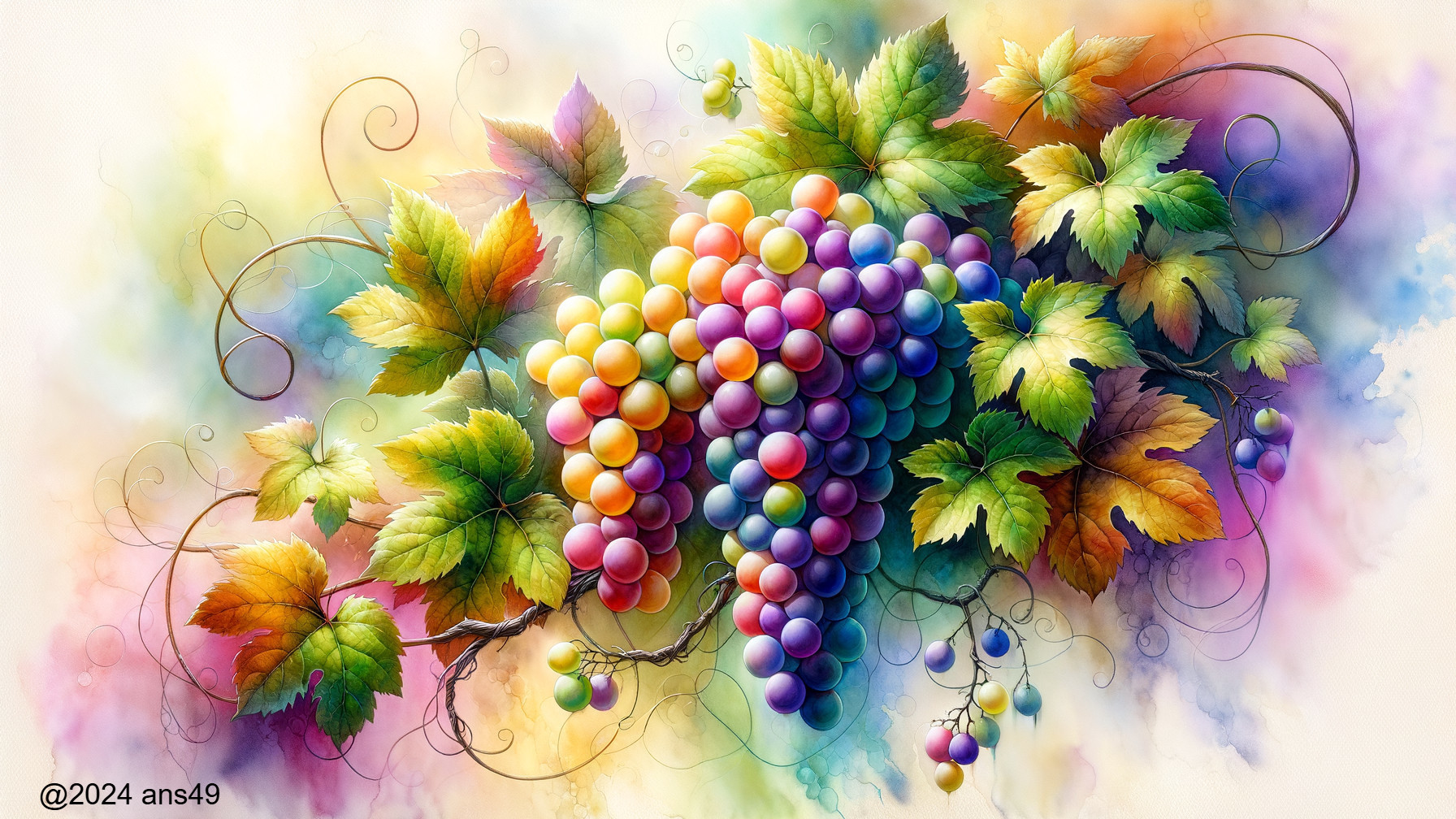 Vibrant Illustration of Colorful Grapes and Leaves