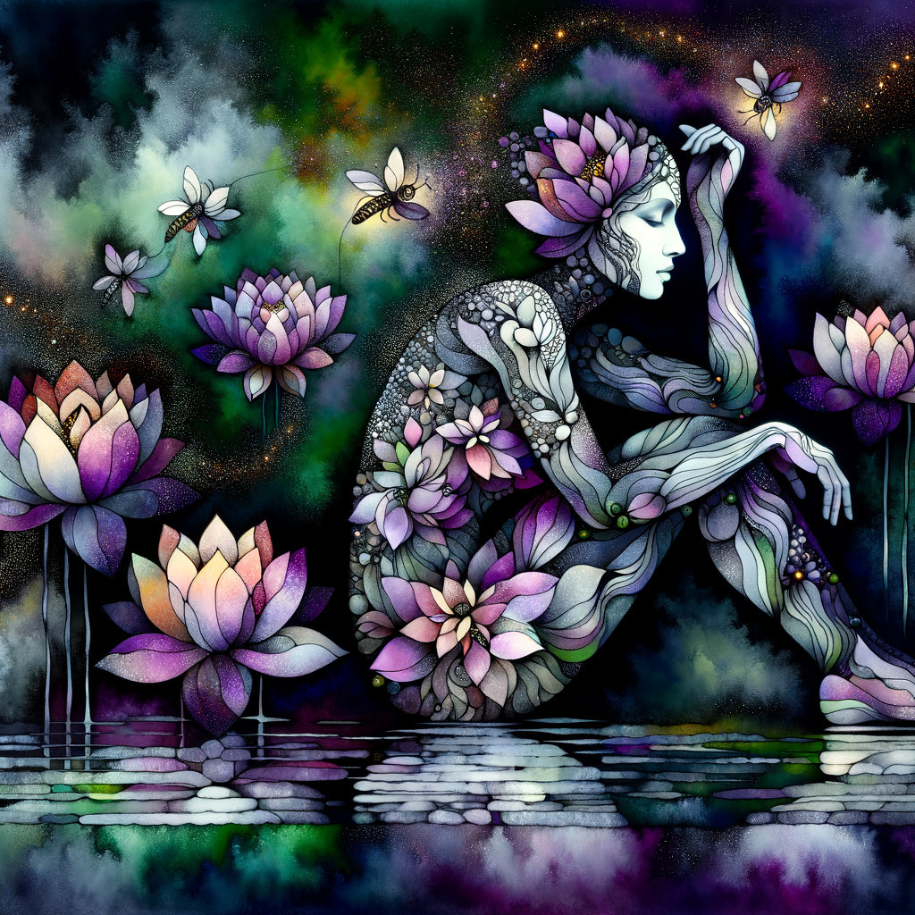 Contemplative Figure Entwined with Lotus Flowers