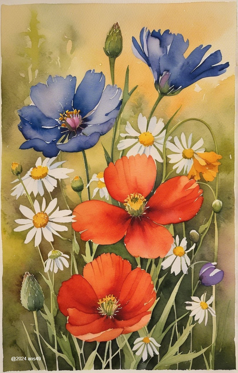 Vibrant Watercolor Bouquet of Wildflowers and Daisies