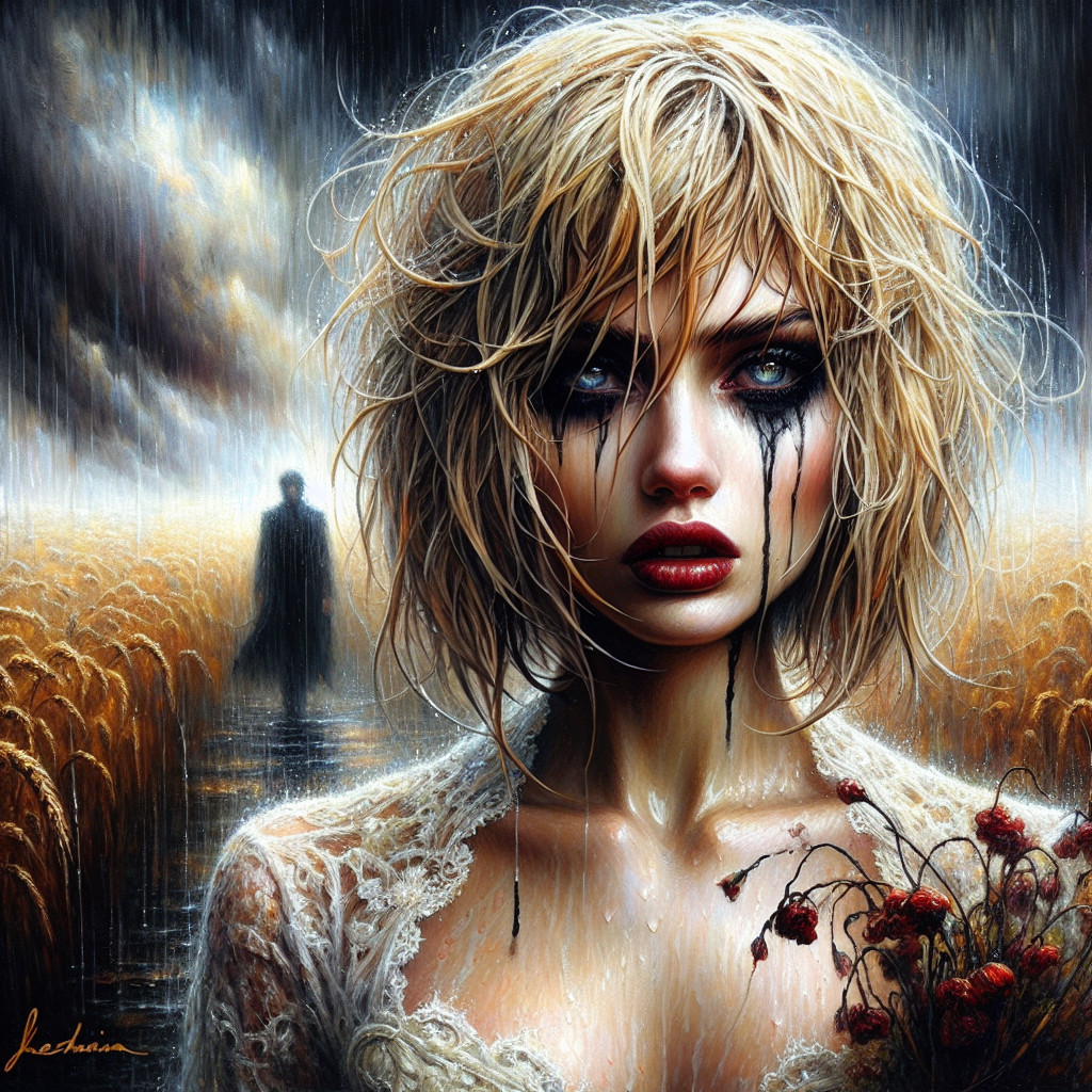 Woman in Wheat Field with Stormy Skies and Shadowy Figure