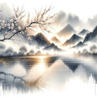 Misty Mountain Landscape with Calm Lake Reflection