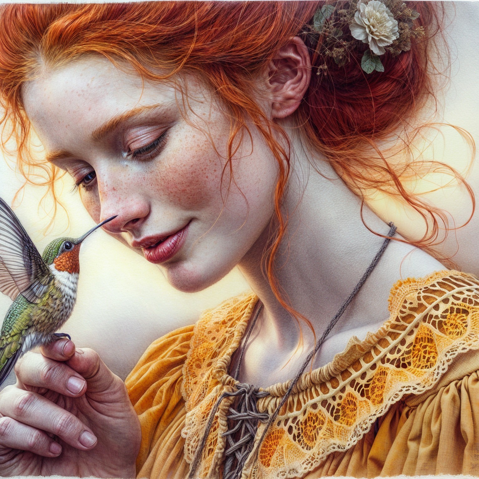 Young woman in yellow dress interacts with hummingbird