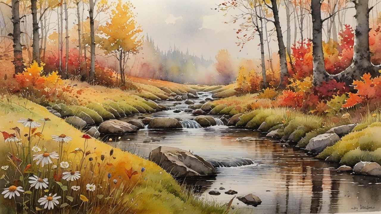 Autumn Landscape with Stream and Vibrant Foliage