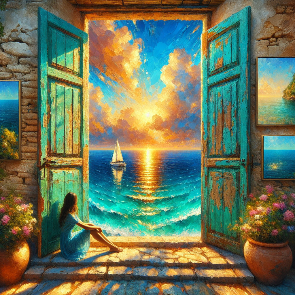 Turquoise Doors Open to Sunset Over Ocean Waters