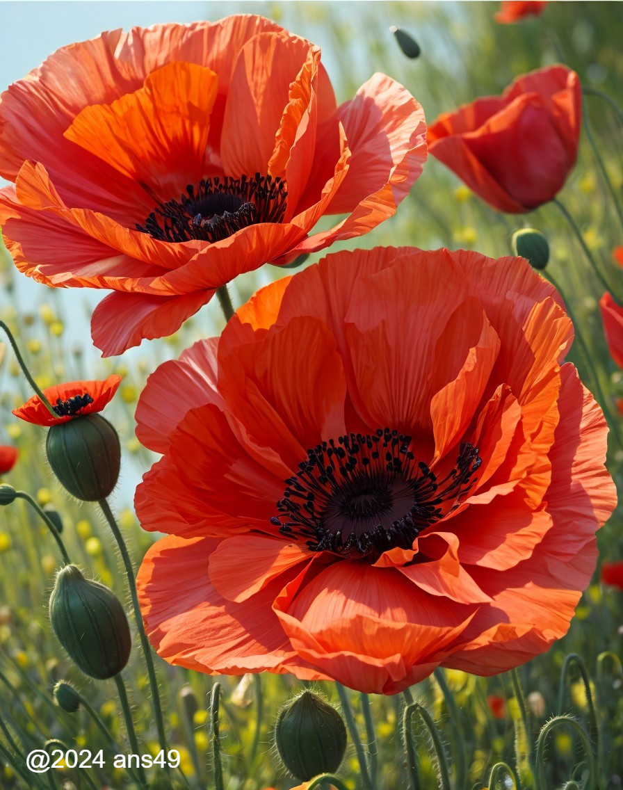 Vibrant Red Poppies Bloom in Lush Green Background