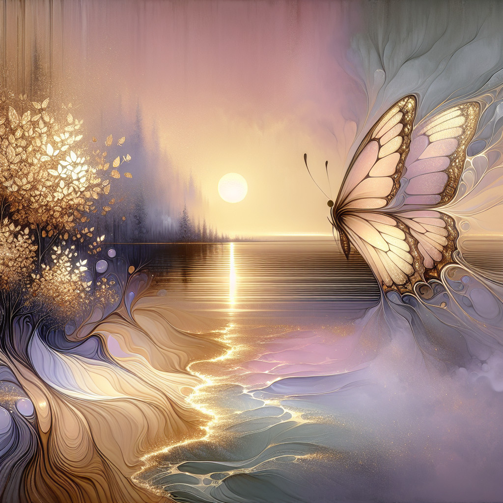 Serene Sunrise Landscape with Butterfly and Calm Waters