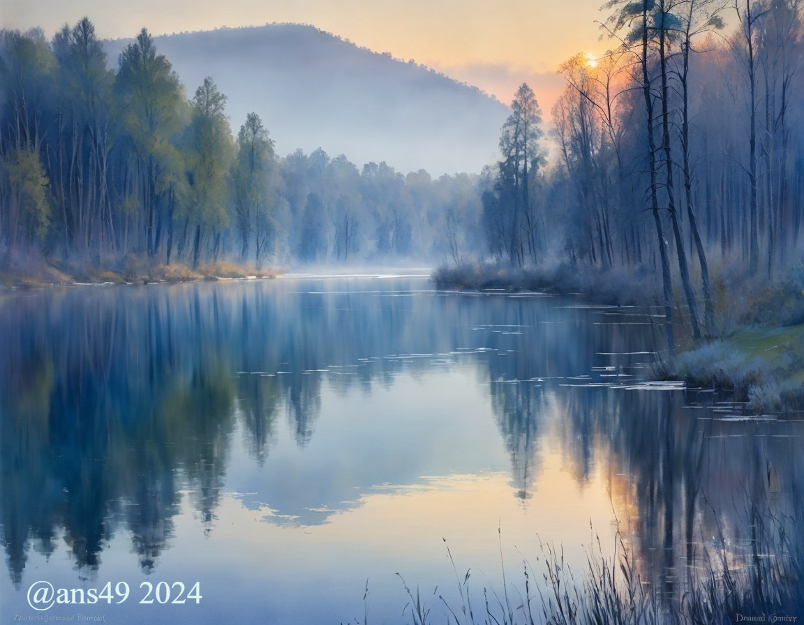 Serene Sunrise Over Calm River with Misty Landscape