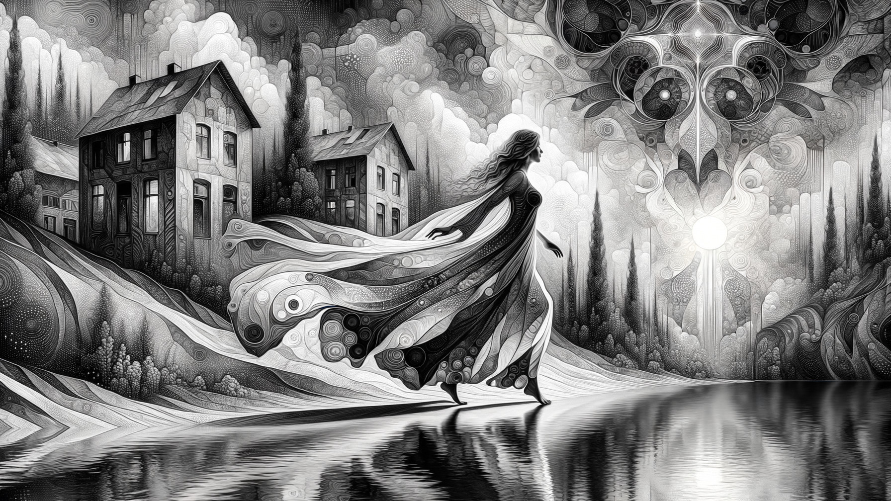 Monochromatic Landscape with Woman by Reflective Water