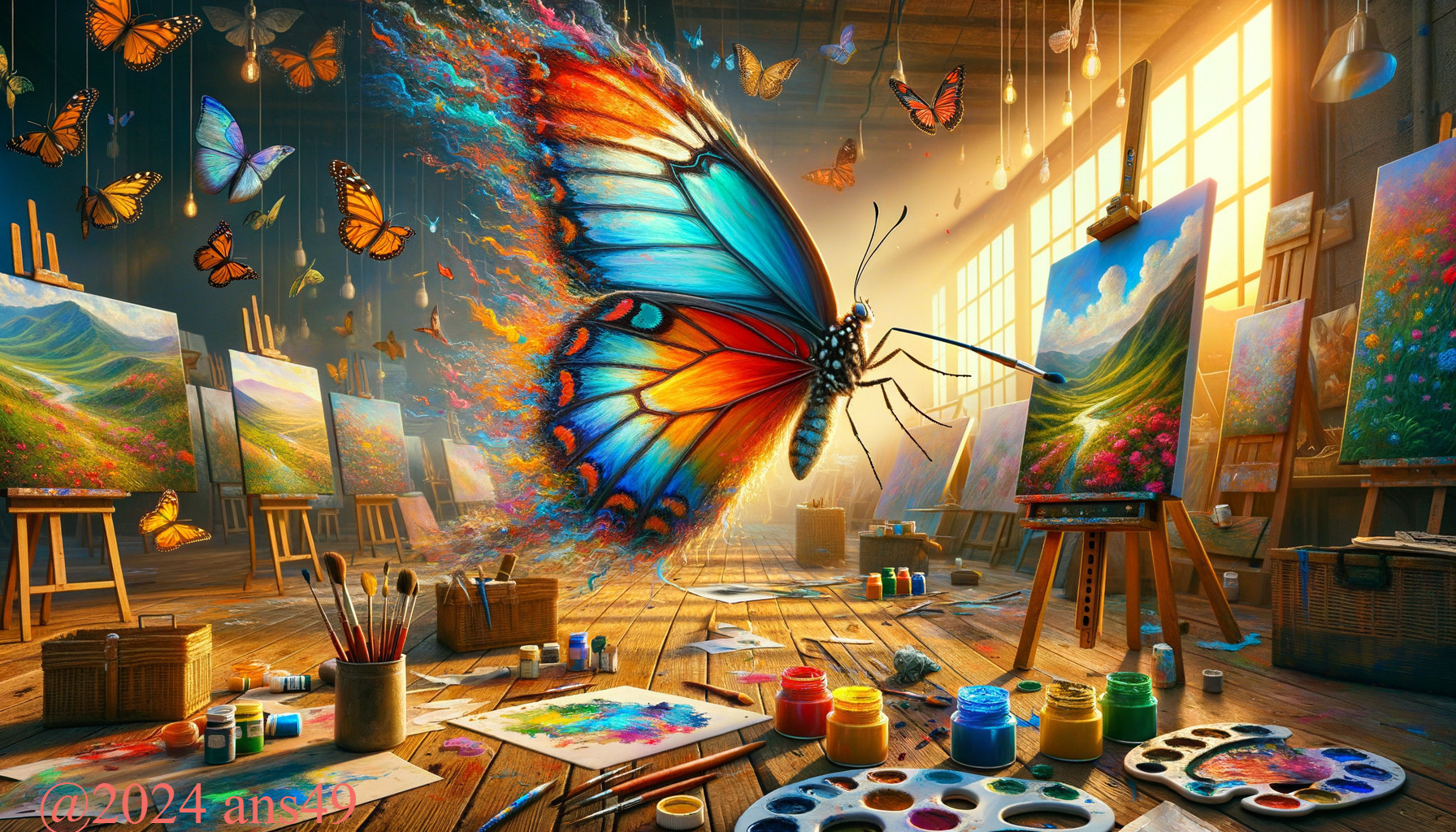Art Studio with Vibrant Paintings and Butterflies