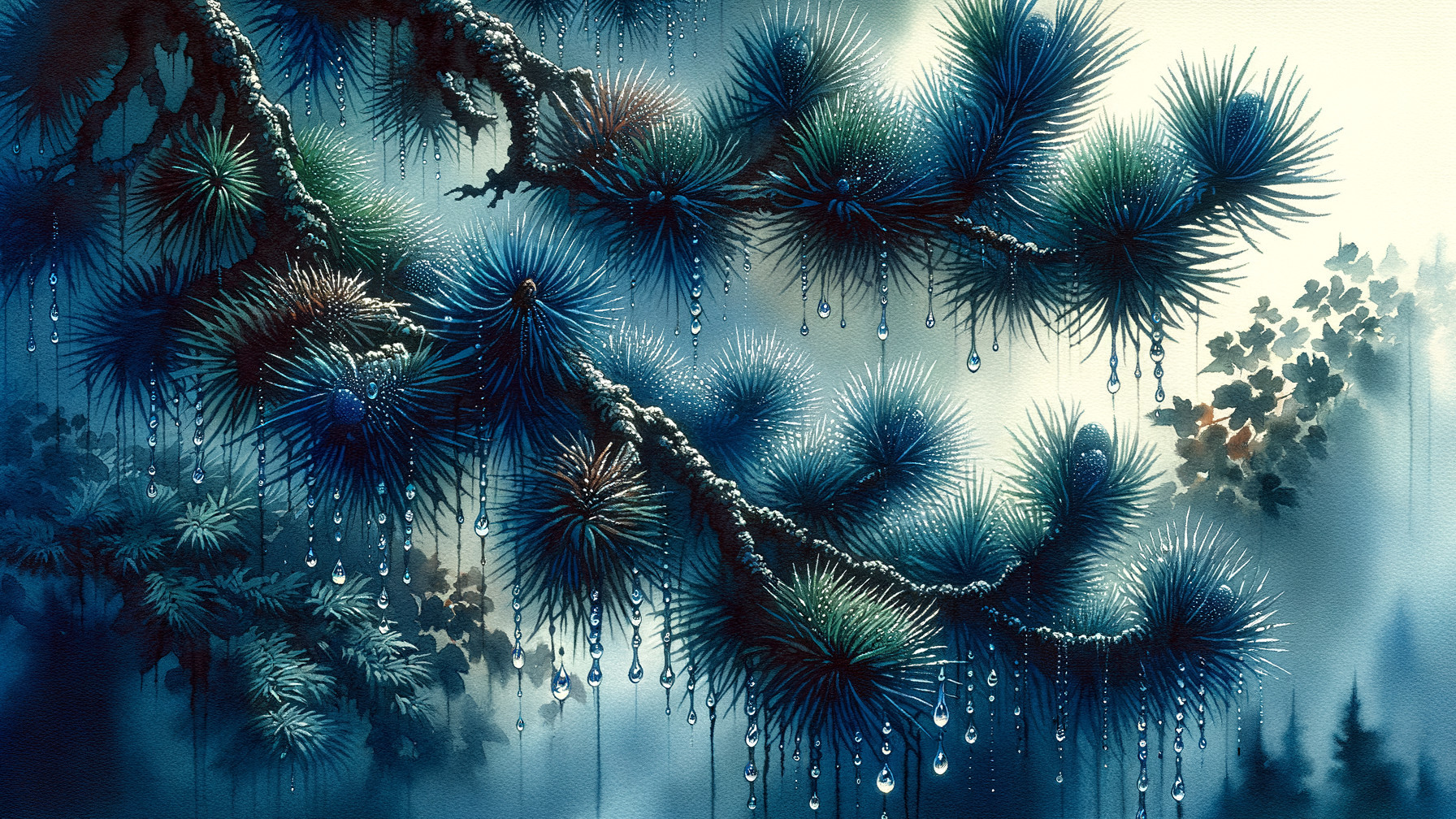 Serene Forest Scene with Dewy Pine Needles and Mist