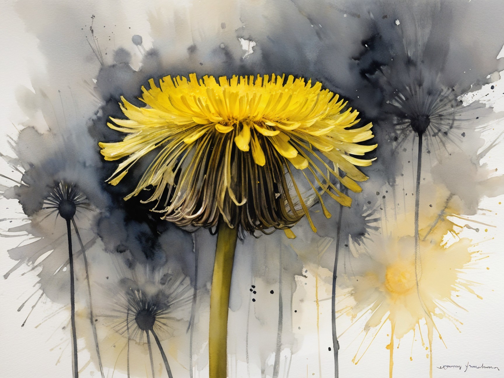 Yellow Dandelion with Abstract Watercolor Background