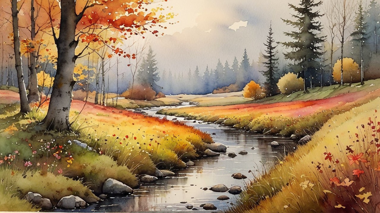 Serene Autumn Landscape with Stream and Foliage