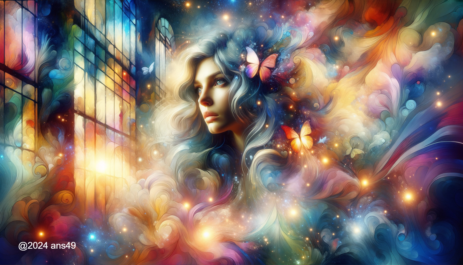 Surreal Colorful Portrait of a Woman with Butterflies