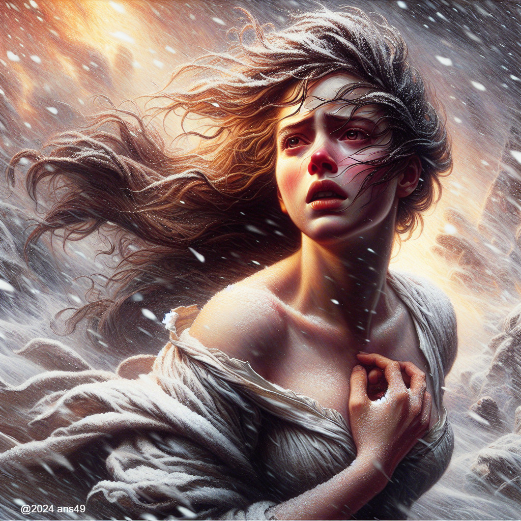 Dramatic Scene of Woman in Tattered Clothing in Snowstorm