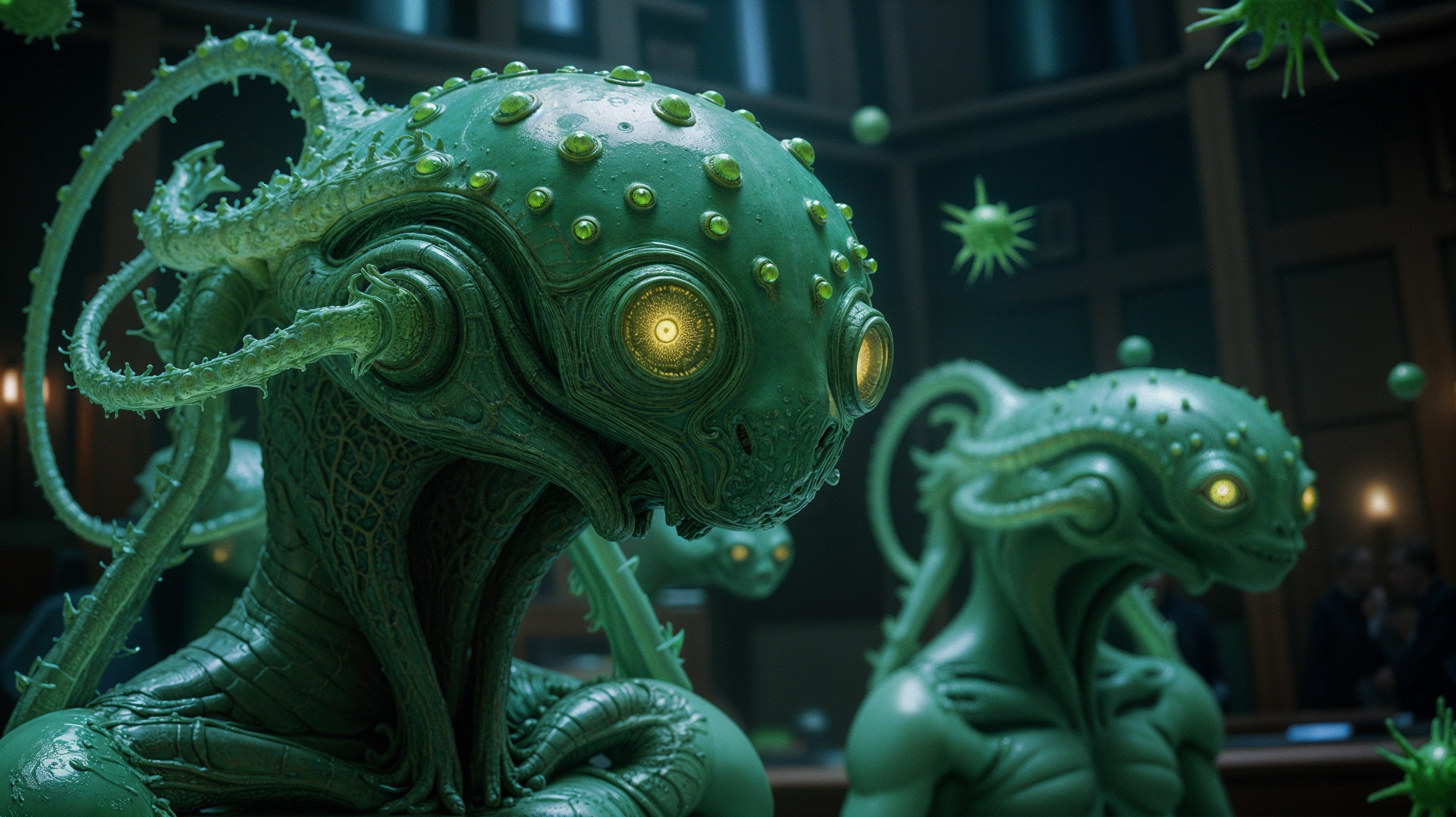 Futuristic green extraterrestrial beings in a dim room