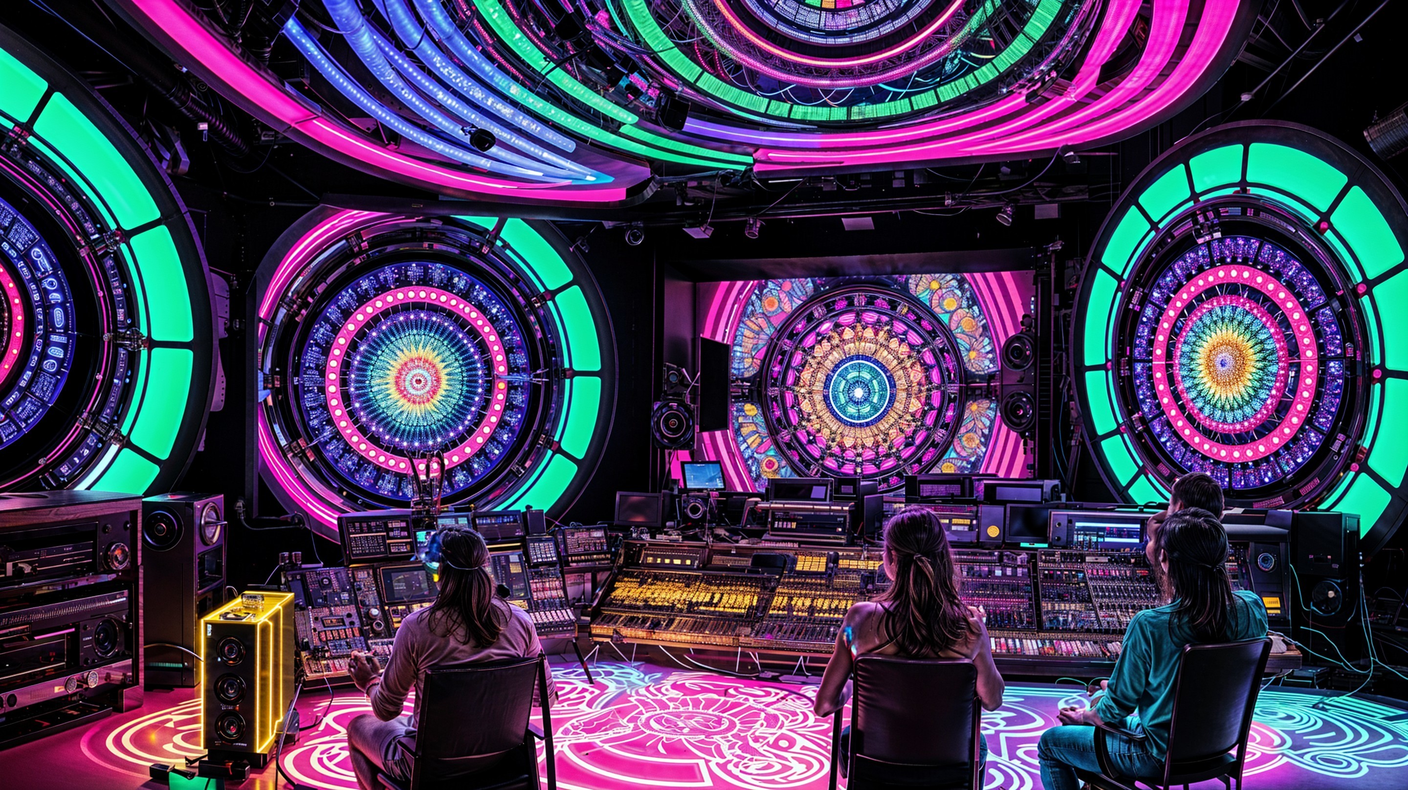 Vibrant Music Studio with Neon Lights and Equipment