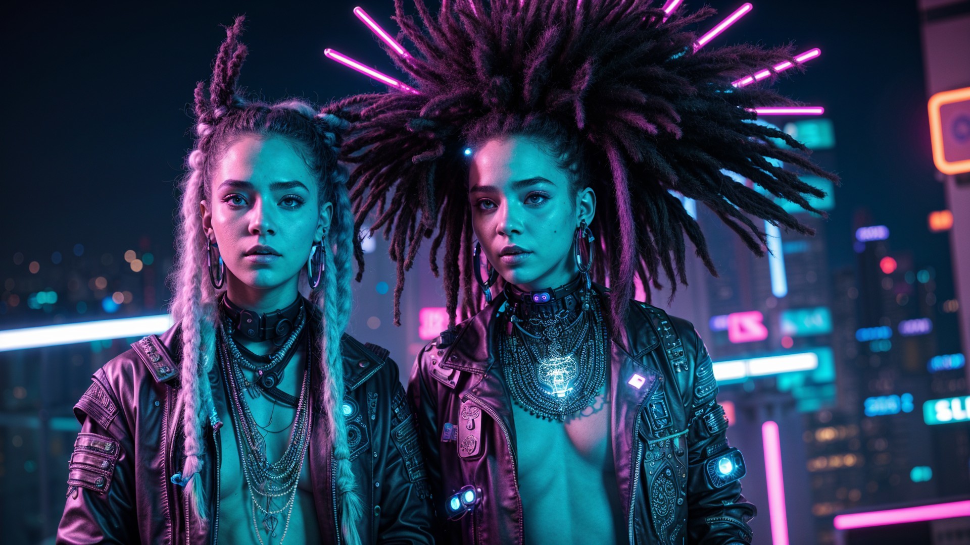 Cyberpunk Aesthetic with Neon Cityscape and Bold Styles