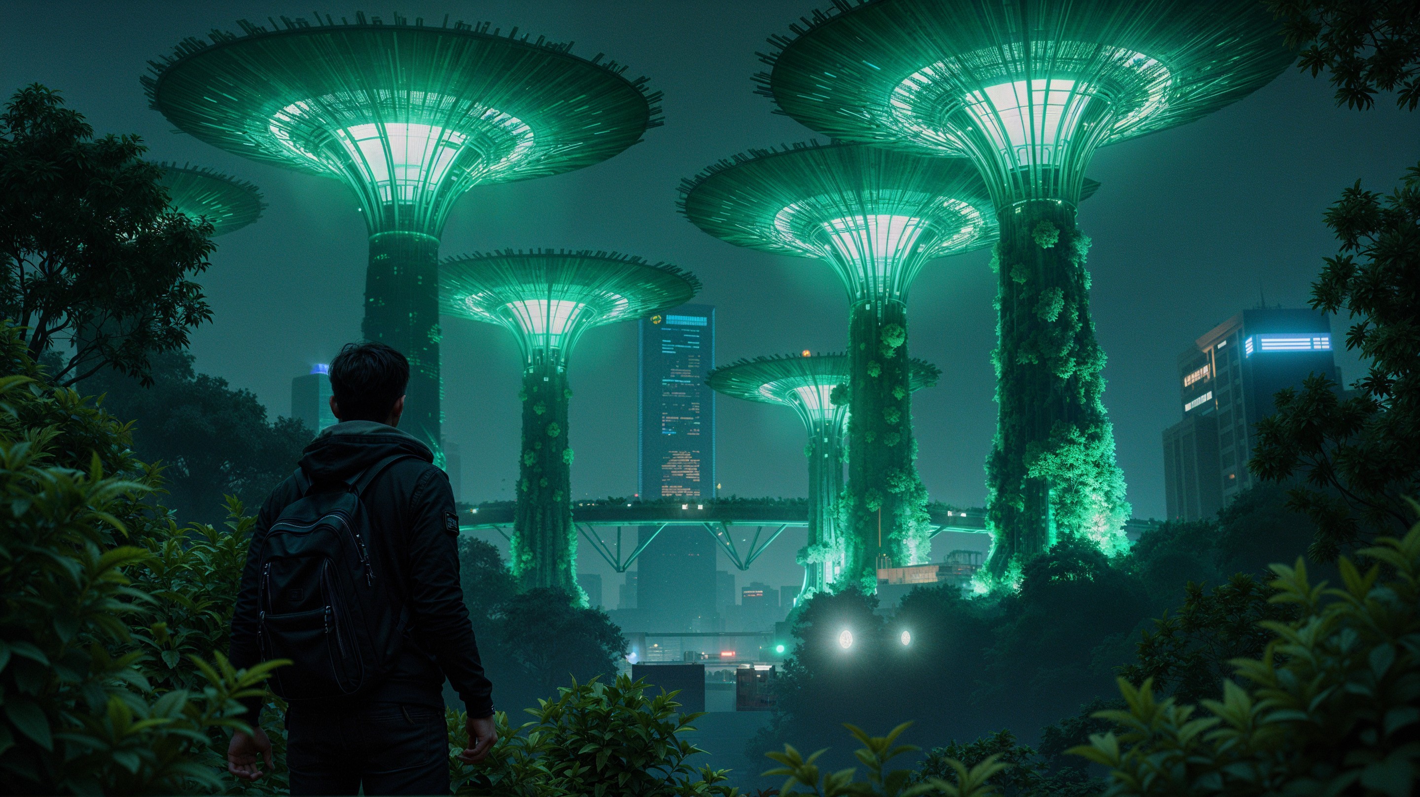 Illuminated Giant Tree Structures in Urban Landscape