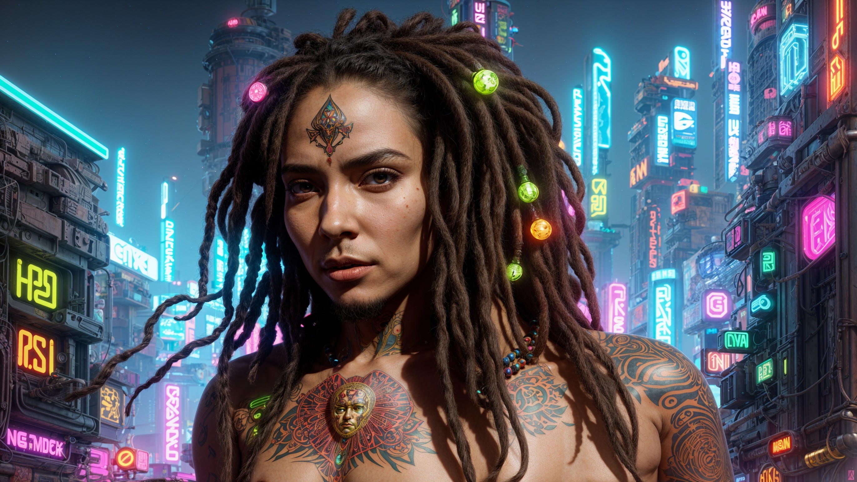 Striking figure with dreadlocks in a neon cityscape