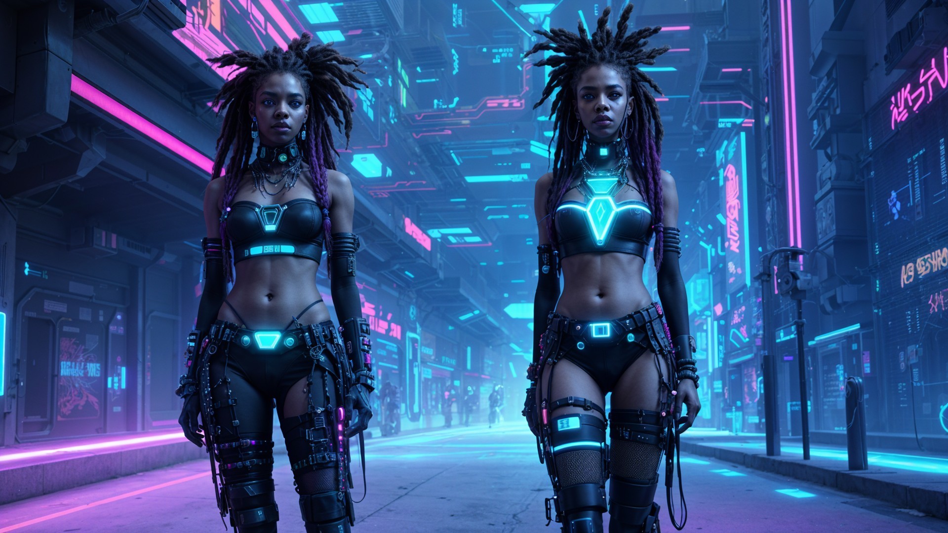 Futuristic Figures in a Vibrant Cyberpunk City