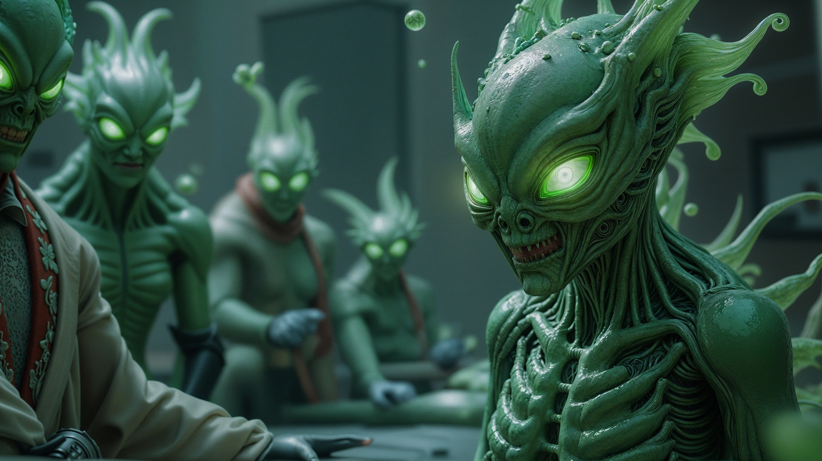 Alien Figures with Glowing Eyes in Dimly Lit Room