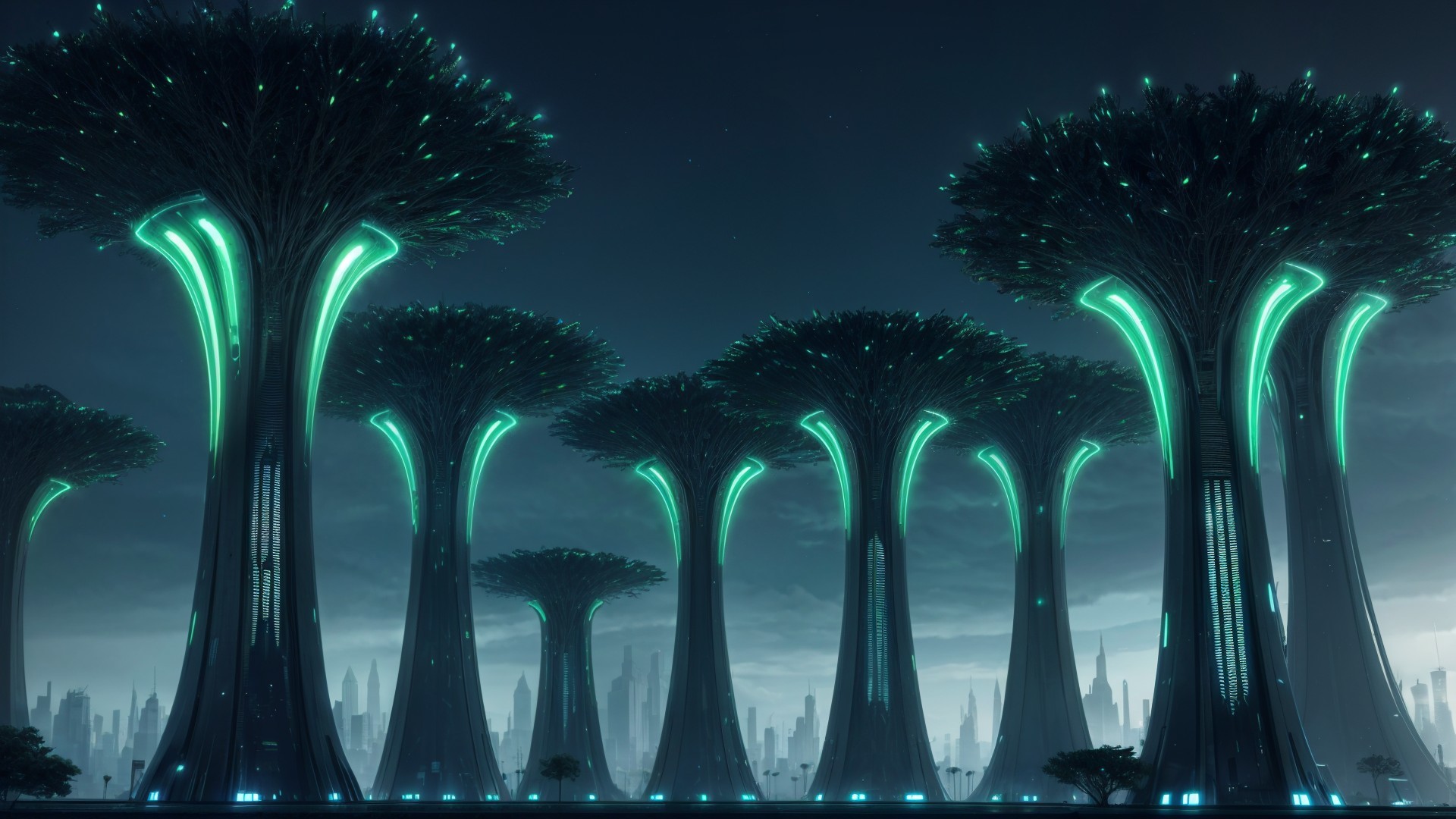 Futuristic Cityscape with Bioluminescent Trees