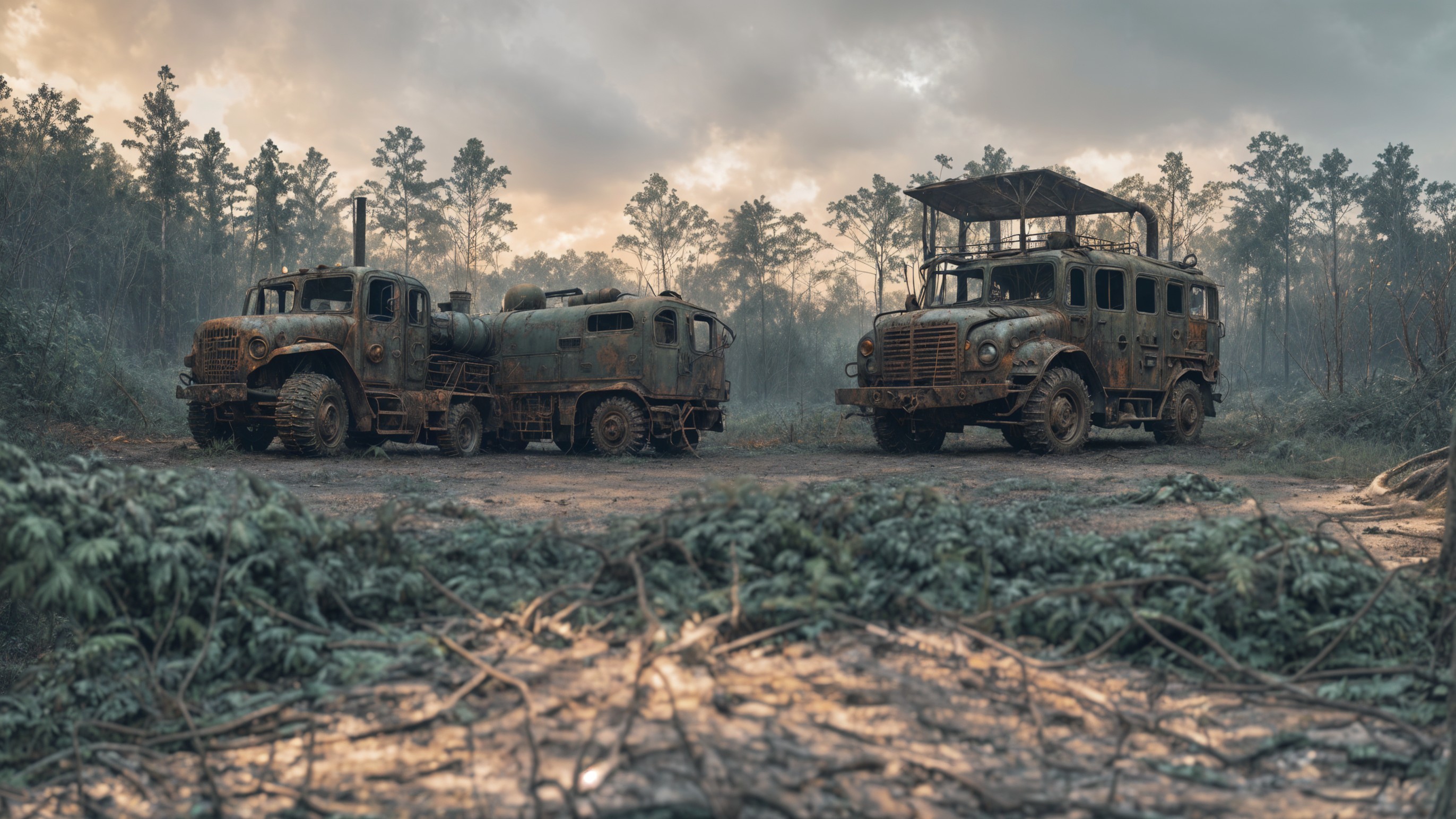Vintage military vehicles in a misty forest clearing