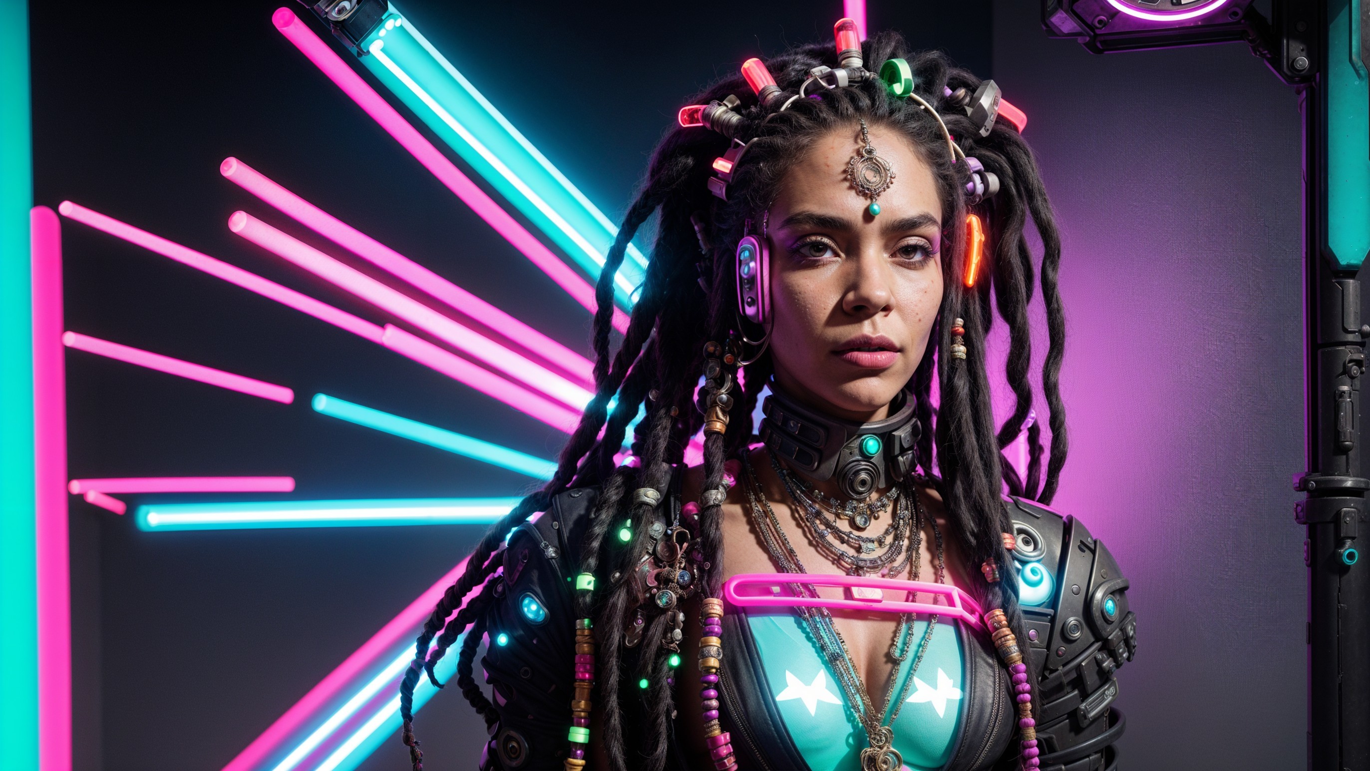 Futuristic Figure with Neon Lights and Bold Fashion