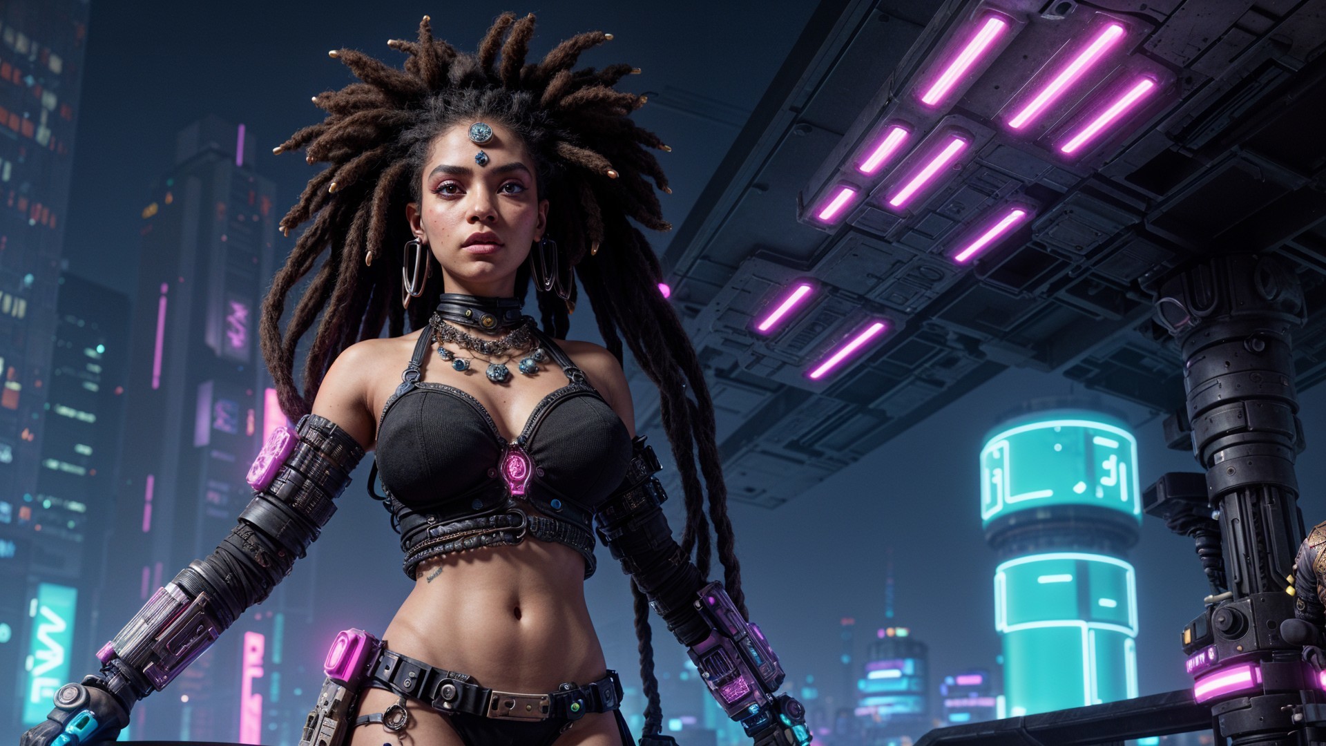Confident Woman in Futuristic Urban Landscape
