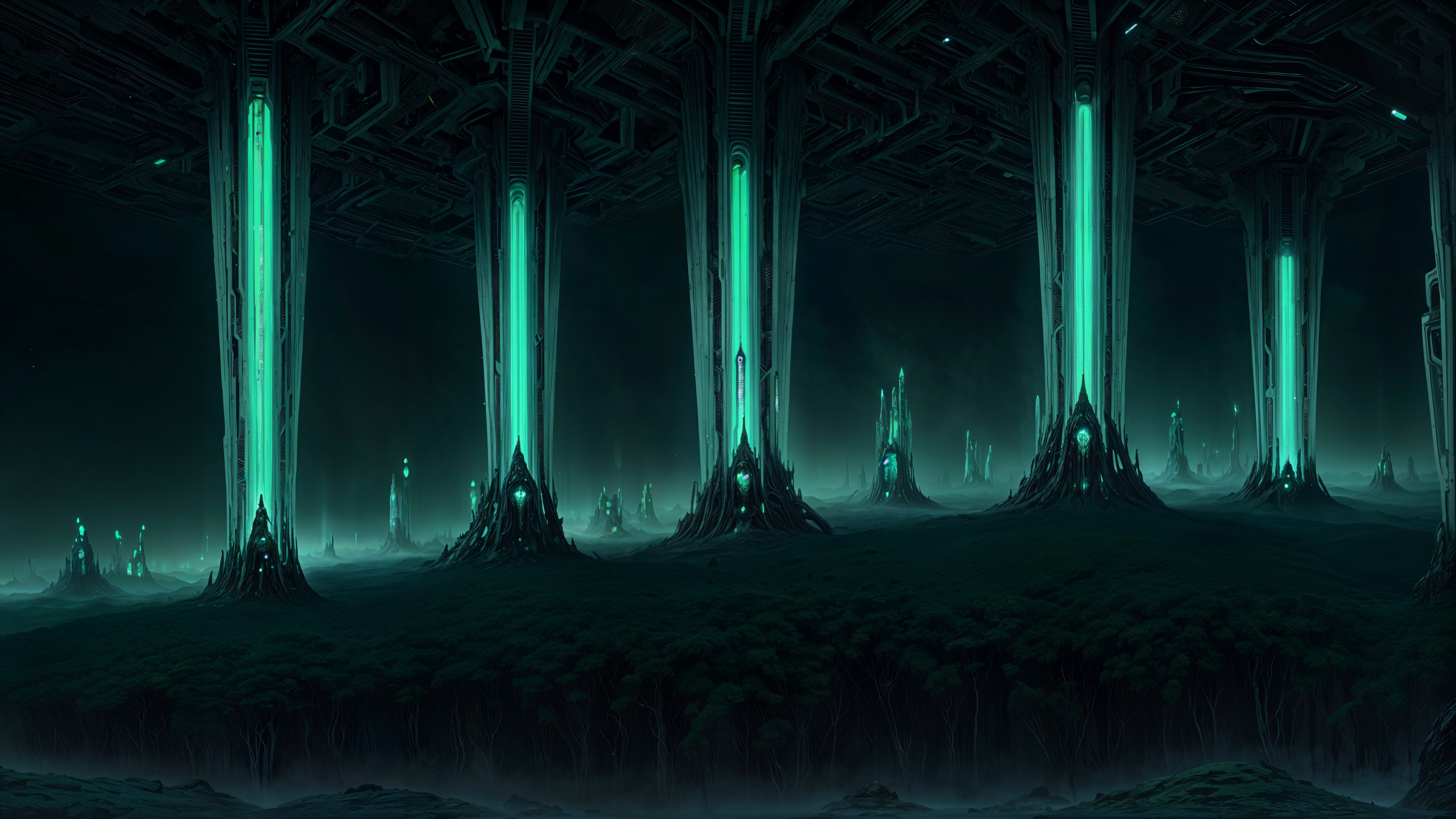 Surreal Futuristic Landscape with Illuminated Structures