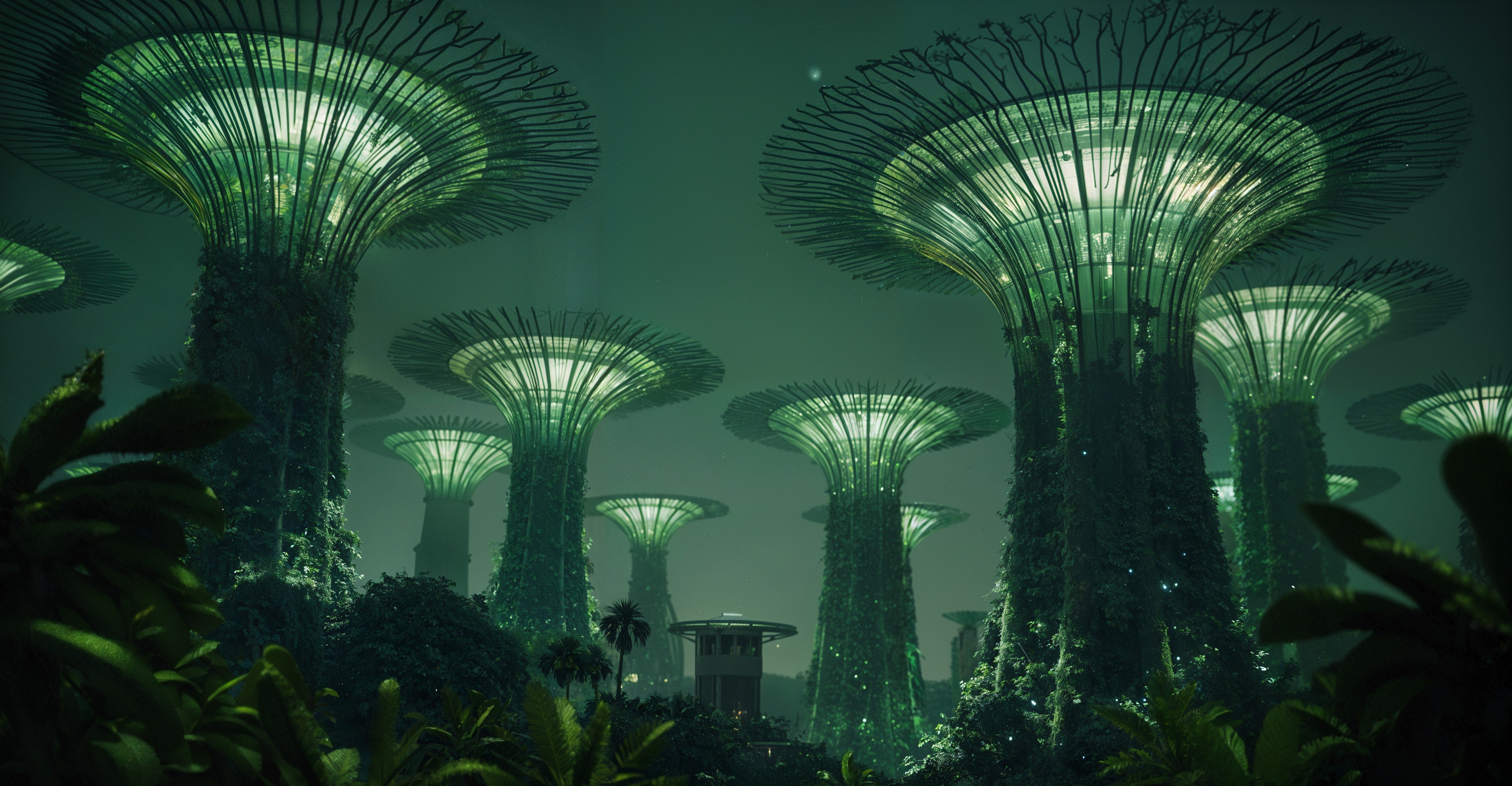 Futuristic glowing tree-like structures in misty setting