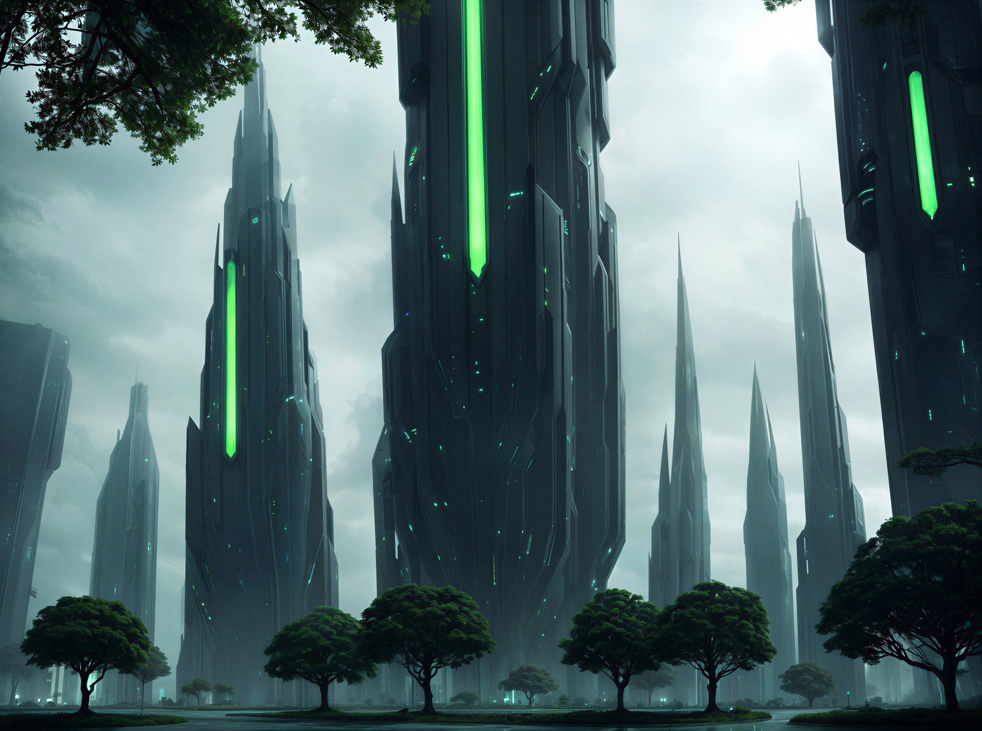 Futuristic landscape with spires and glowing lines