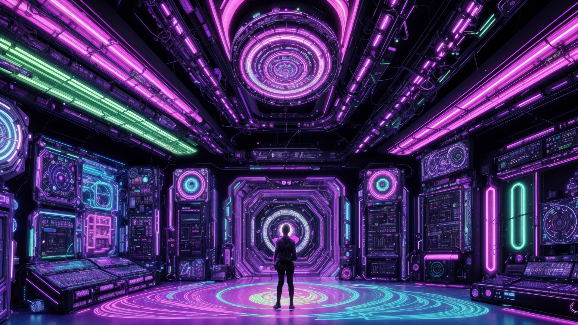 Futuristic neon-lit room with advanced technology