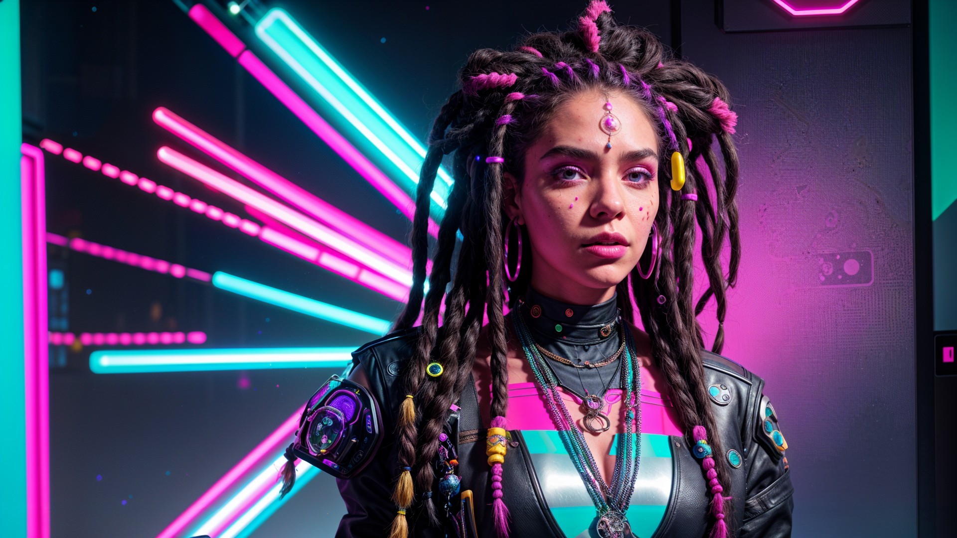 Confident Young Woman with Colorful Dreadlocks in Neon