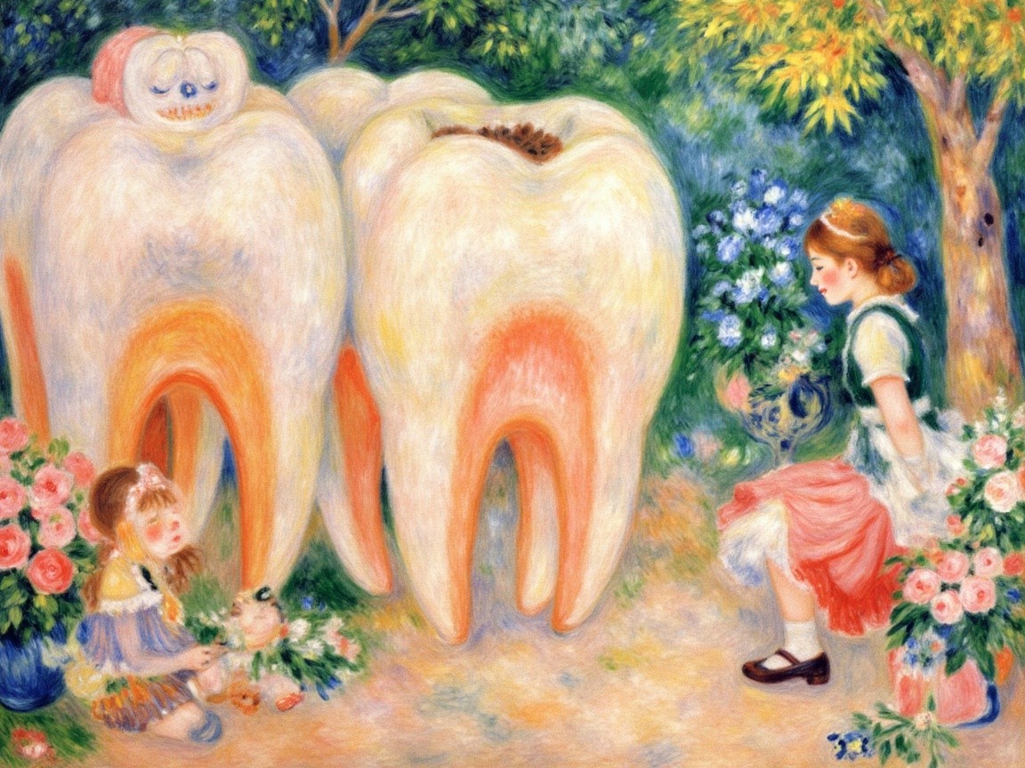 Whimsical garden scene with oversized cartoon teeth