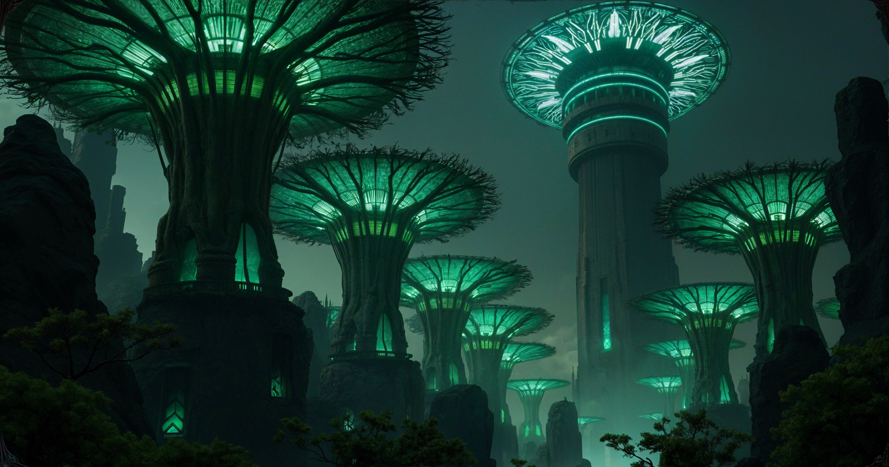 Surreal Landscape with Glowing Trees and Misty Rocks