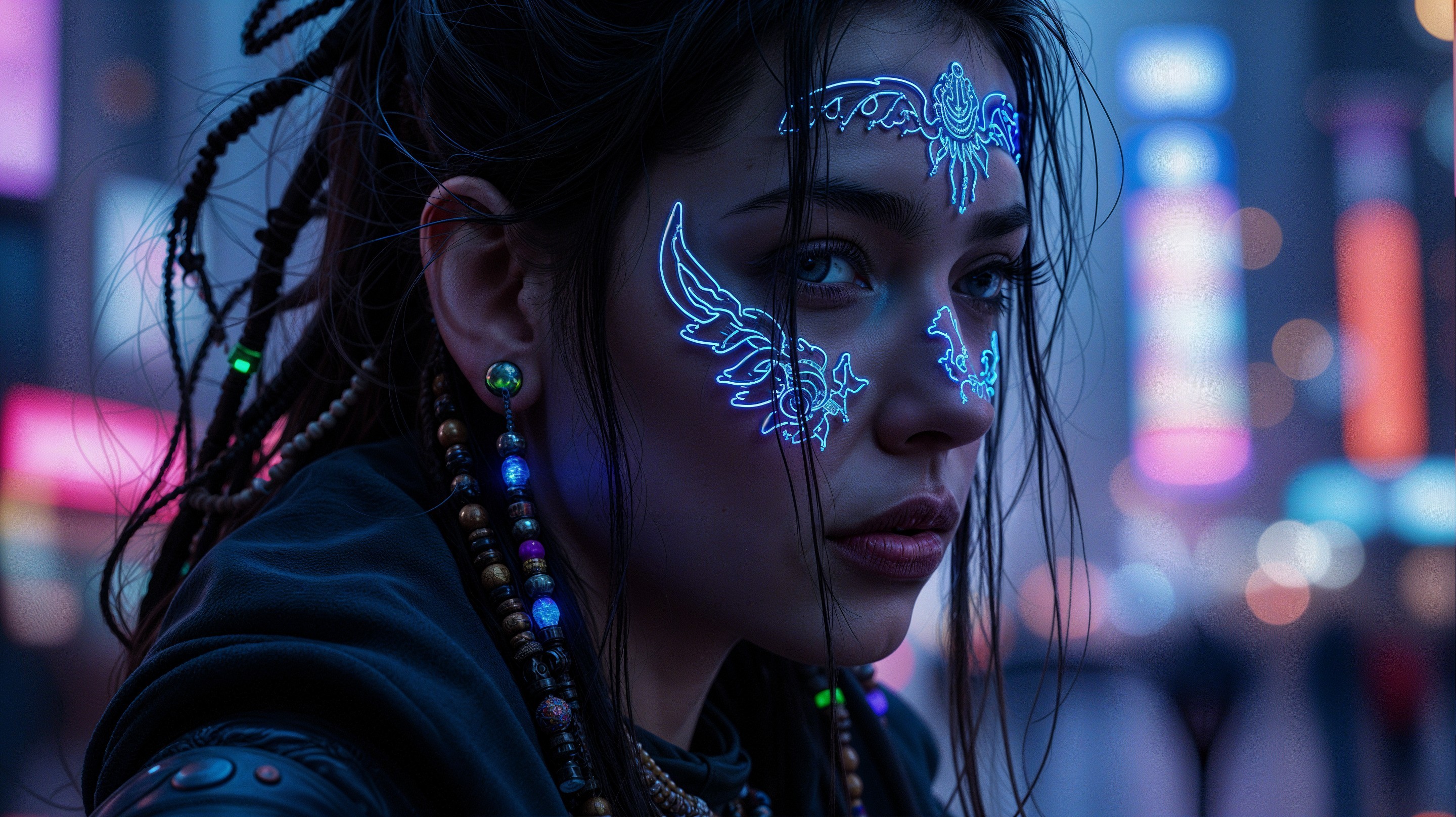 Young woman with glowing tattoos in urban setting