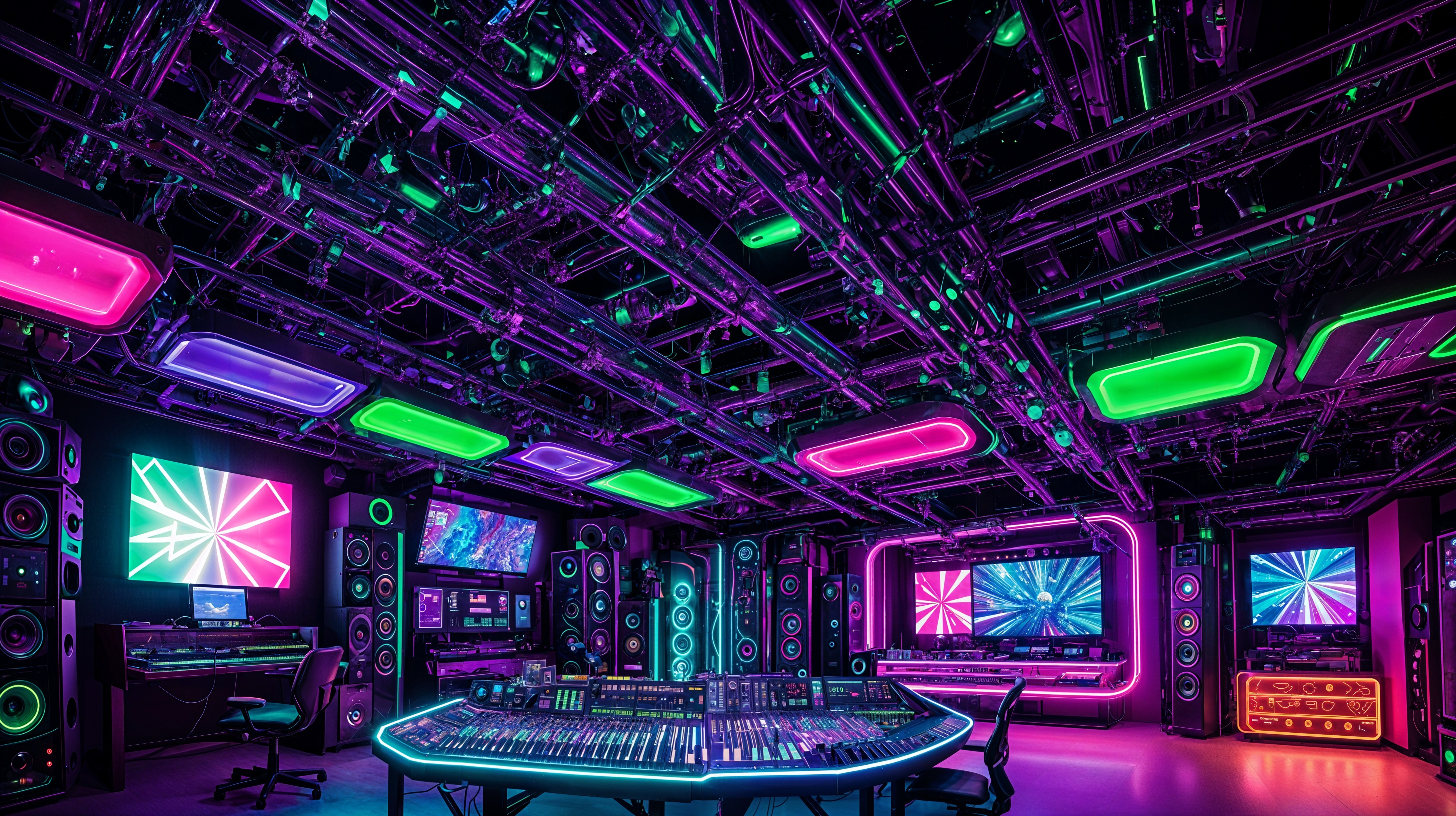 Vibrant Music Studio with Neon Lighting and Mixing Console