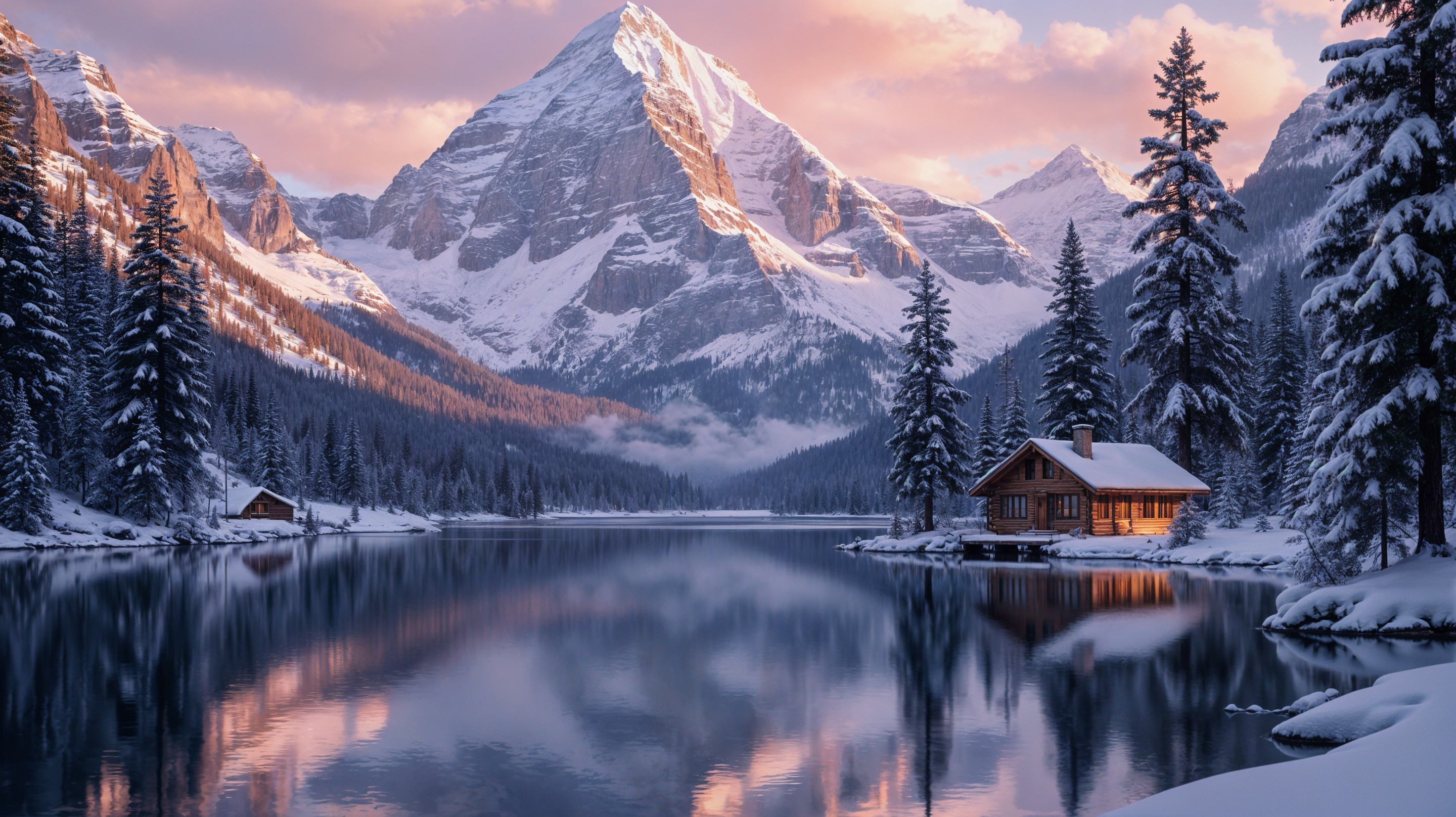 Tranquil Winter Lake with Snow-Capped Mountains