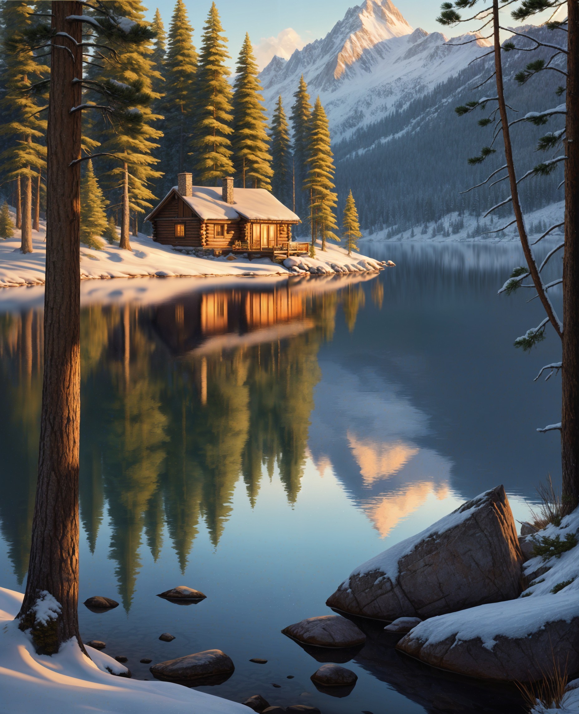 Serene Winter Landscape with Cozy Log Cabin and Lake