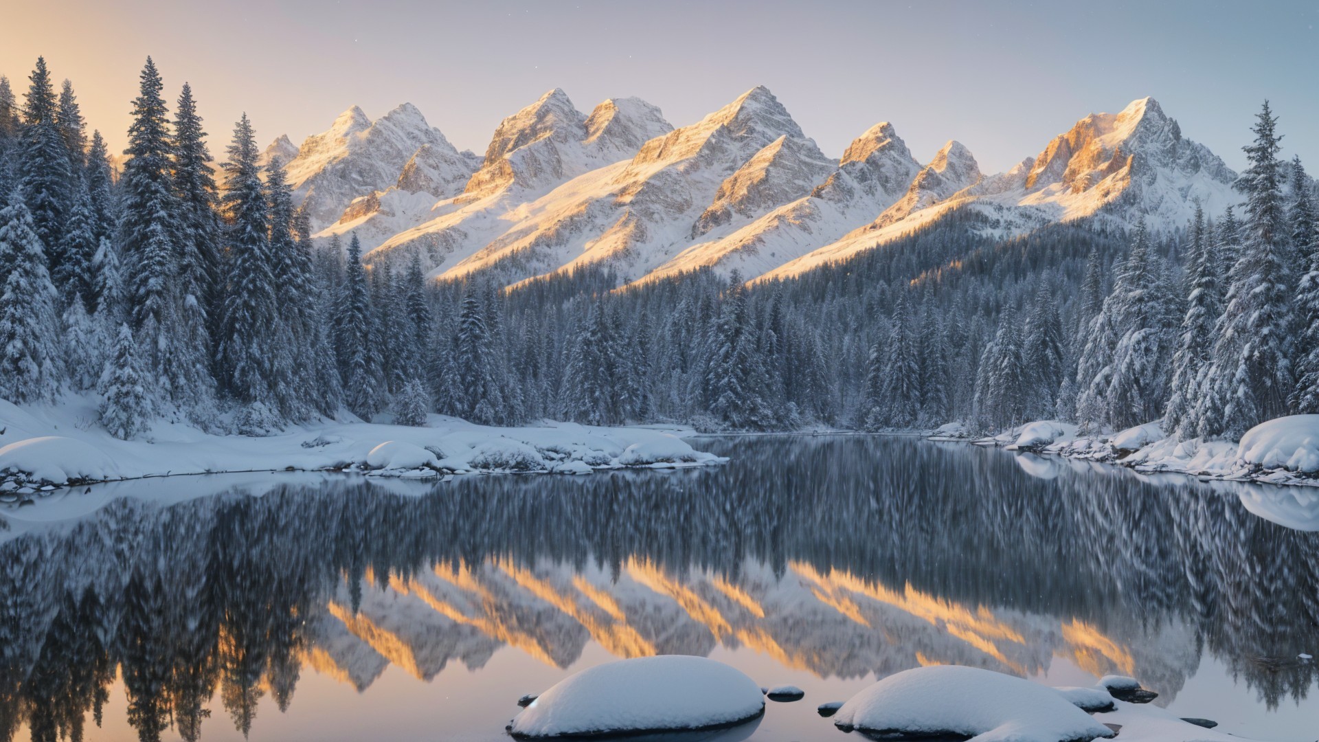Serene Winter Landscape with Snow-Capped Mountains
