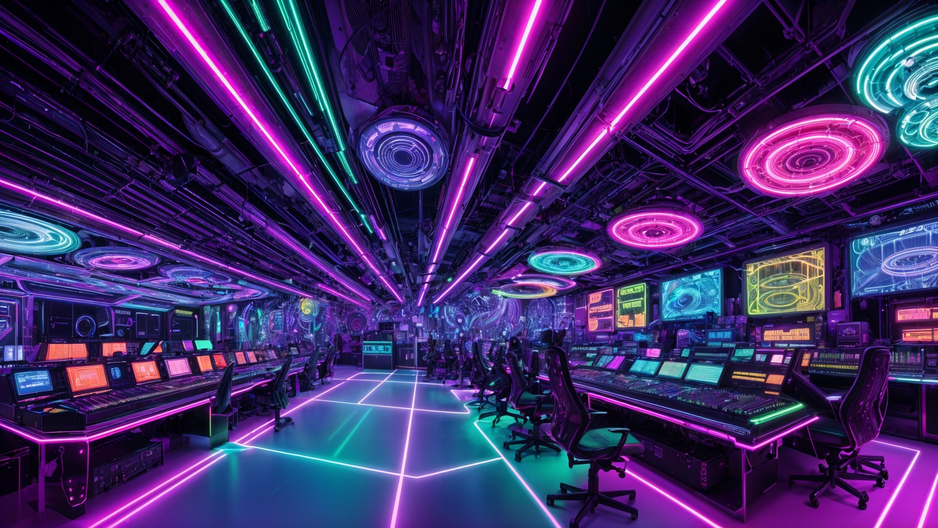 Futuristic control room with neon lights and sleek consoles
