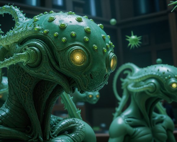 Futuristic green extraterrestrial beings in a dim room